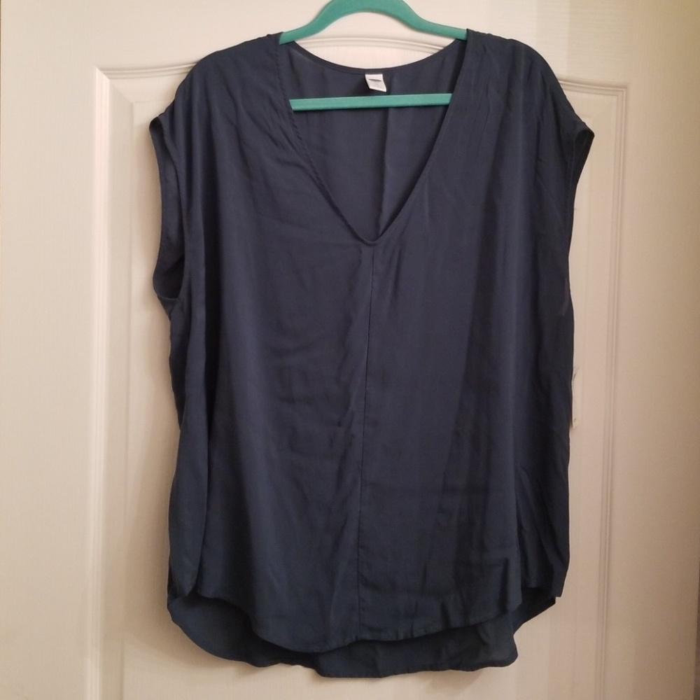 Blue V-Neck Short Sleeve Blouse